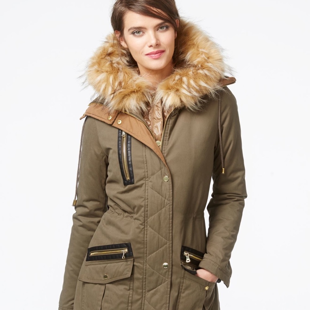Guess Green Faux-fur-trim Mixed-media Parka